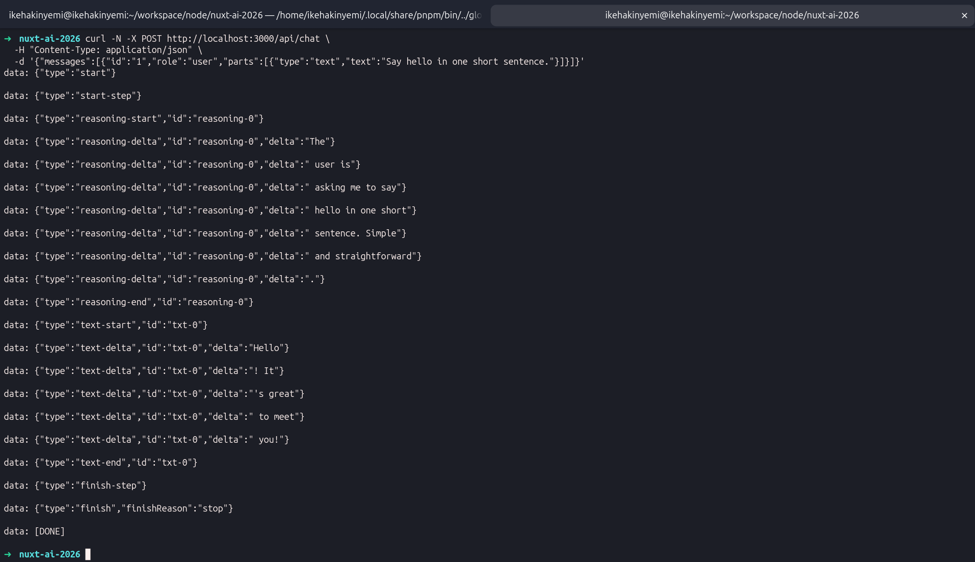 Terminal showing the raw curl SSE output, reasoning-delta and text-delta frames visible