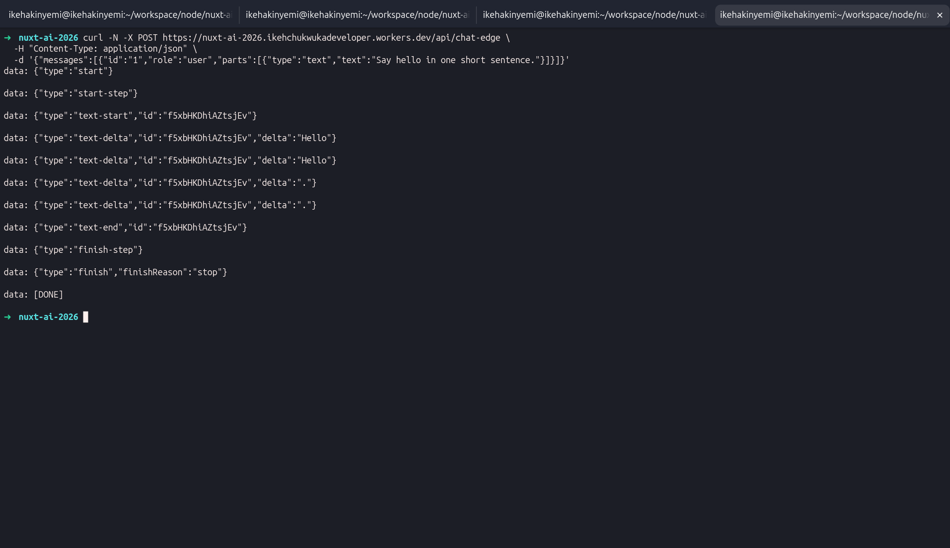 The deployed chat interface at the workers.dev URL responding to a message live on the edge