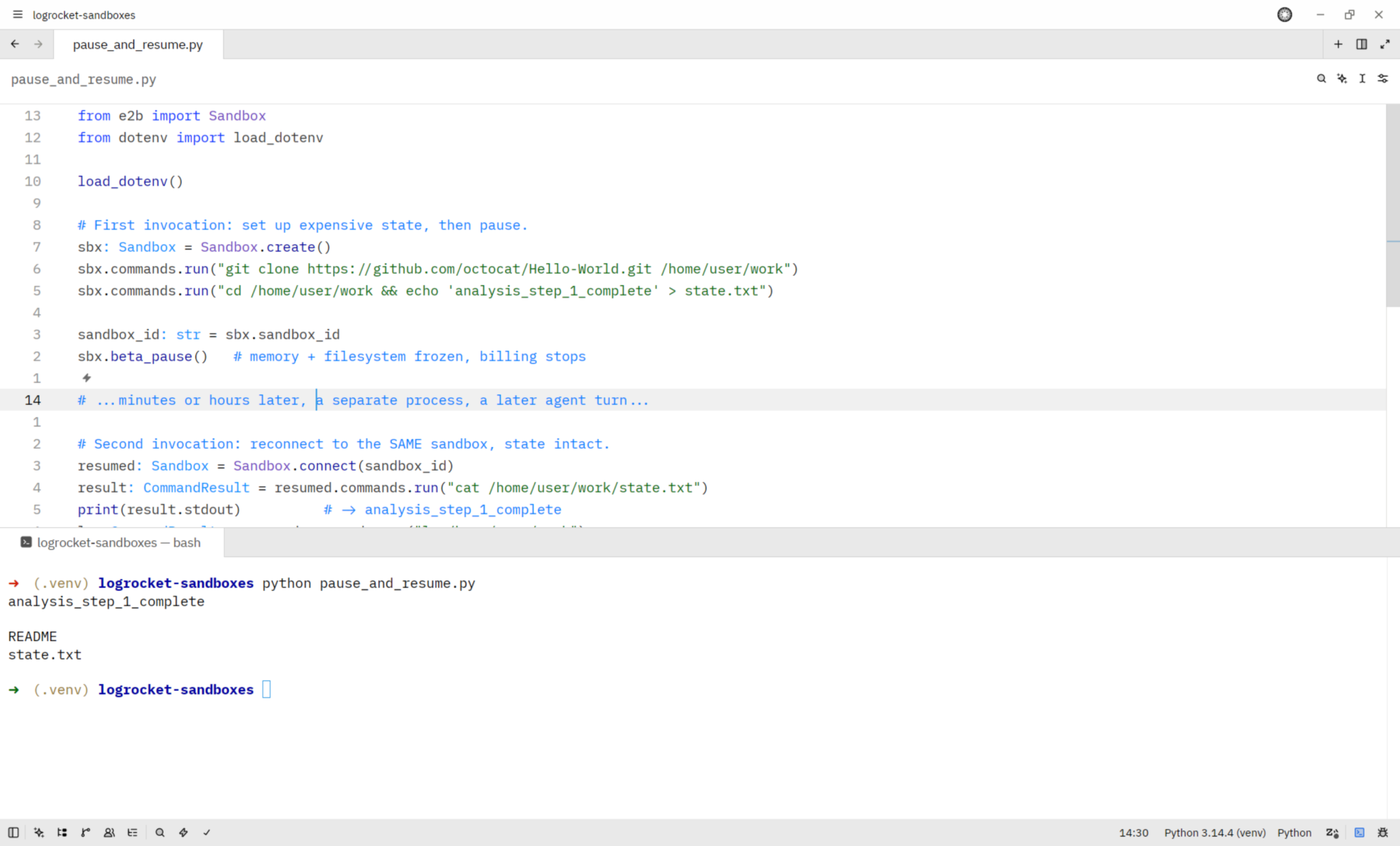 Terminal Output From The E2B Pause Resume Script Confirming The Cloned Repo Is Still Present