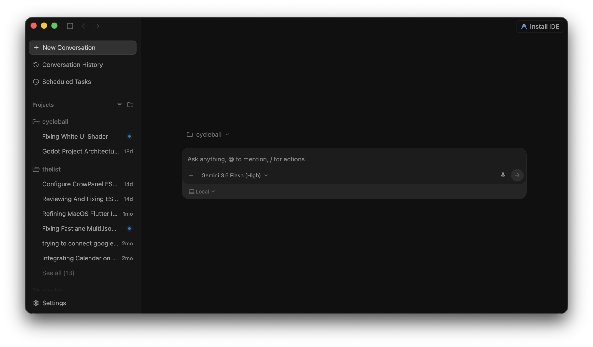 Google Antigravity app interface with a sidebar and chat-based layout similar to Codex