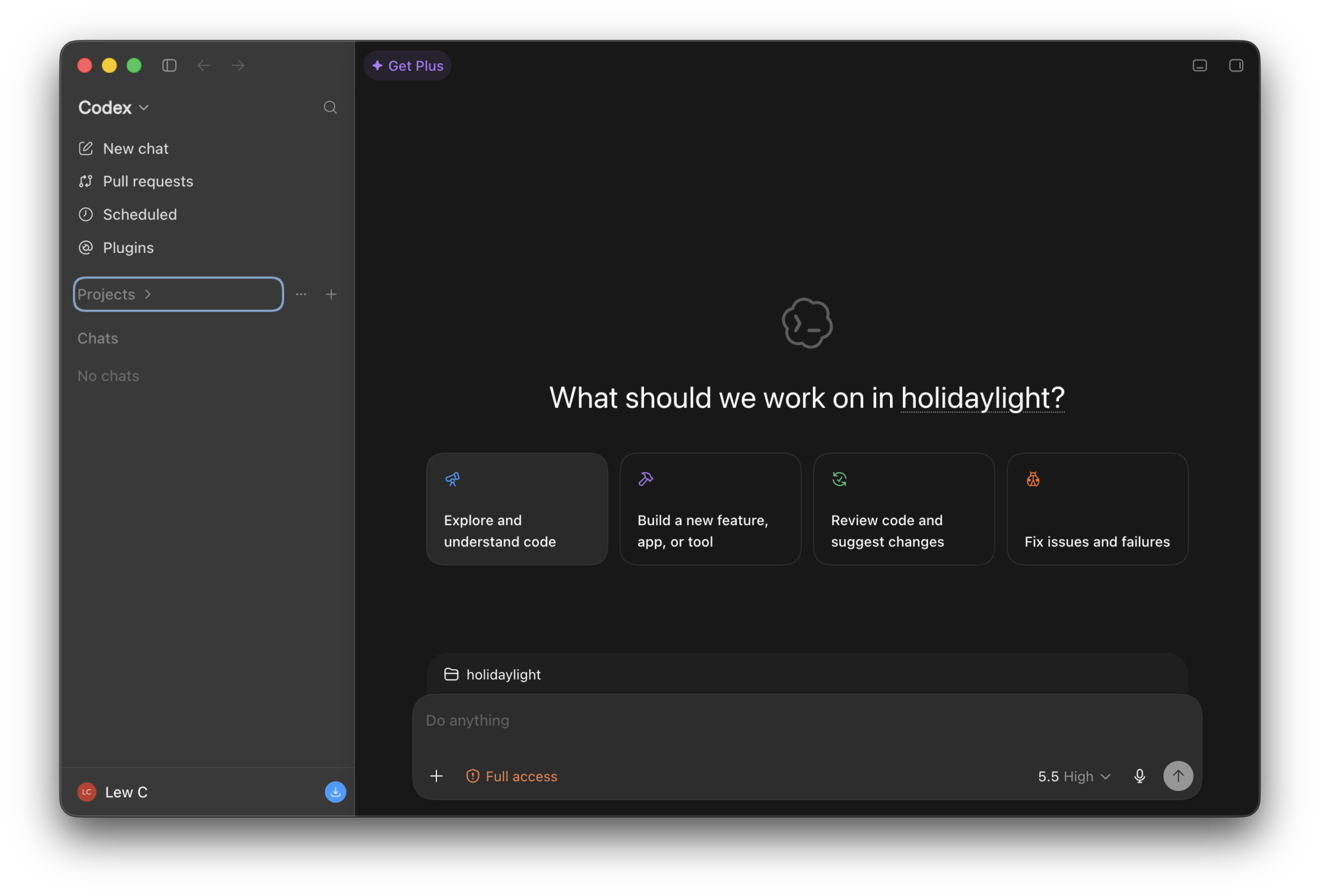 OpenAI Codex desktop app interface showing a chat-based frontend for agentic coding