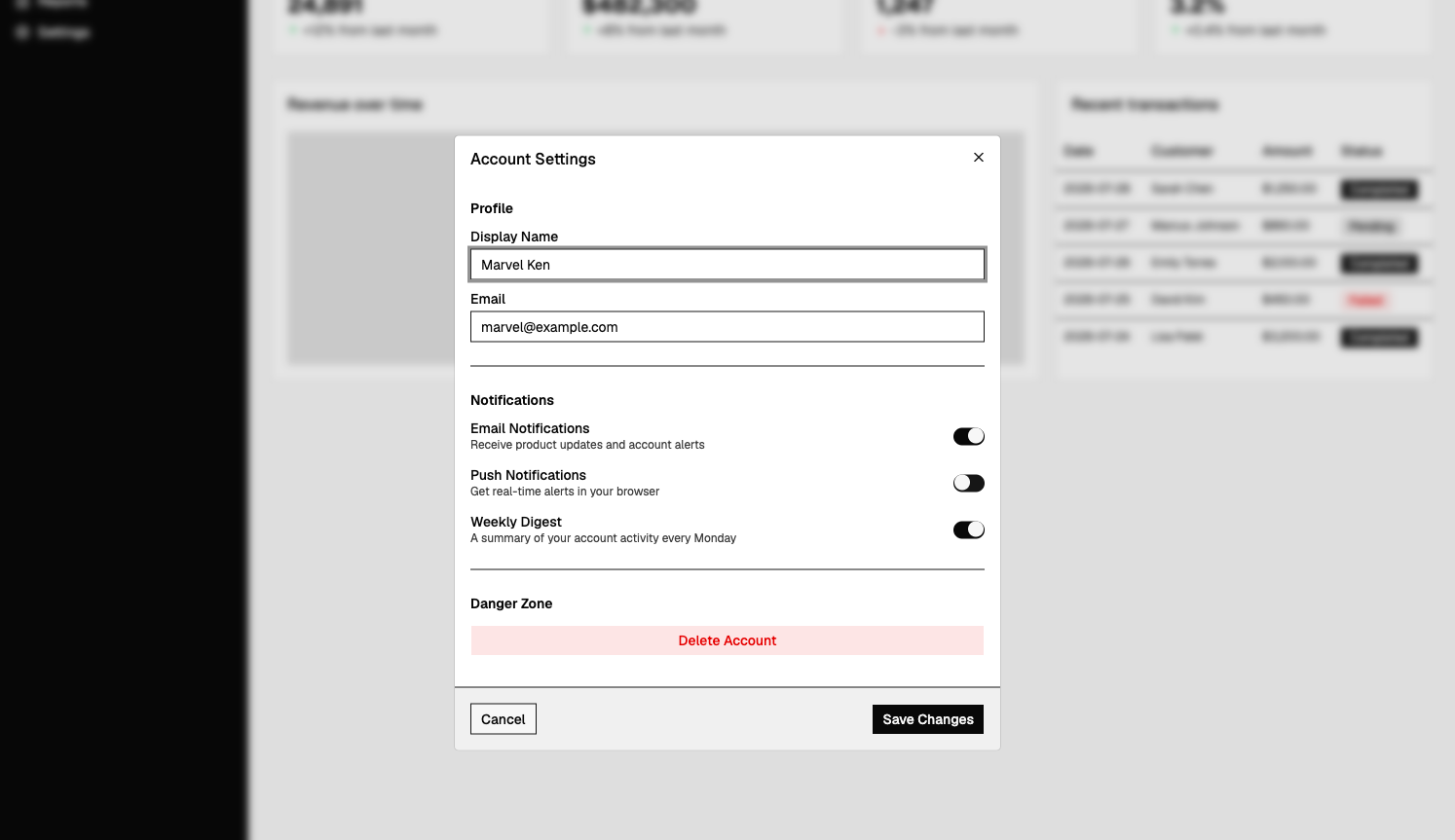 Astryx settings modal on the gothic theme, dark background, with a profile form, three labeled notification toggles, a danger-zone delete button, and cancel and save actions