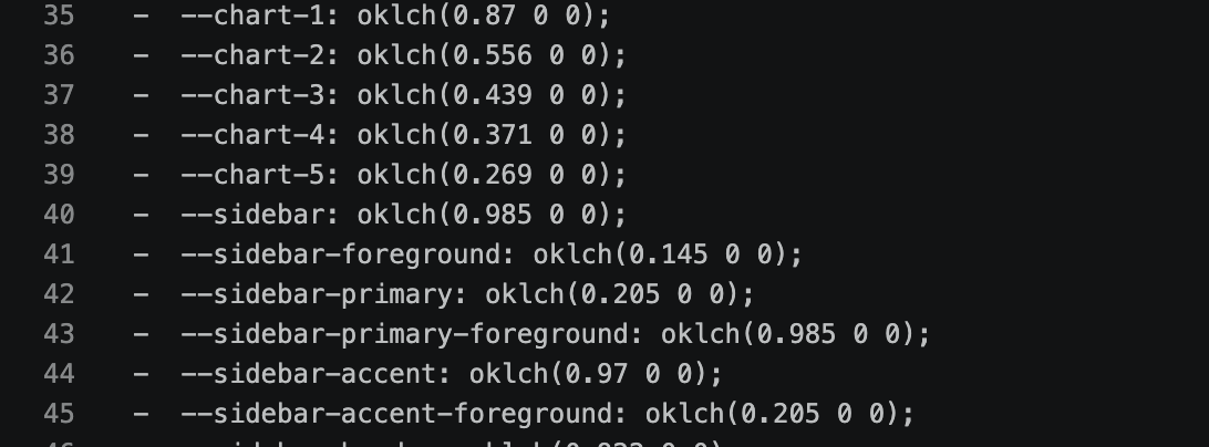 A diff of the shadcn index.css showing token values being rewritten, including chart and sidebar color tokens as oklch values
