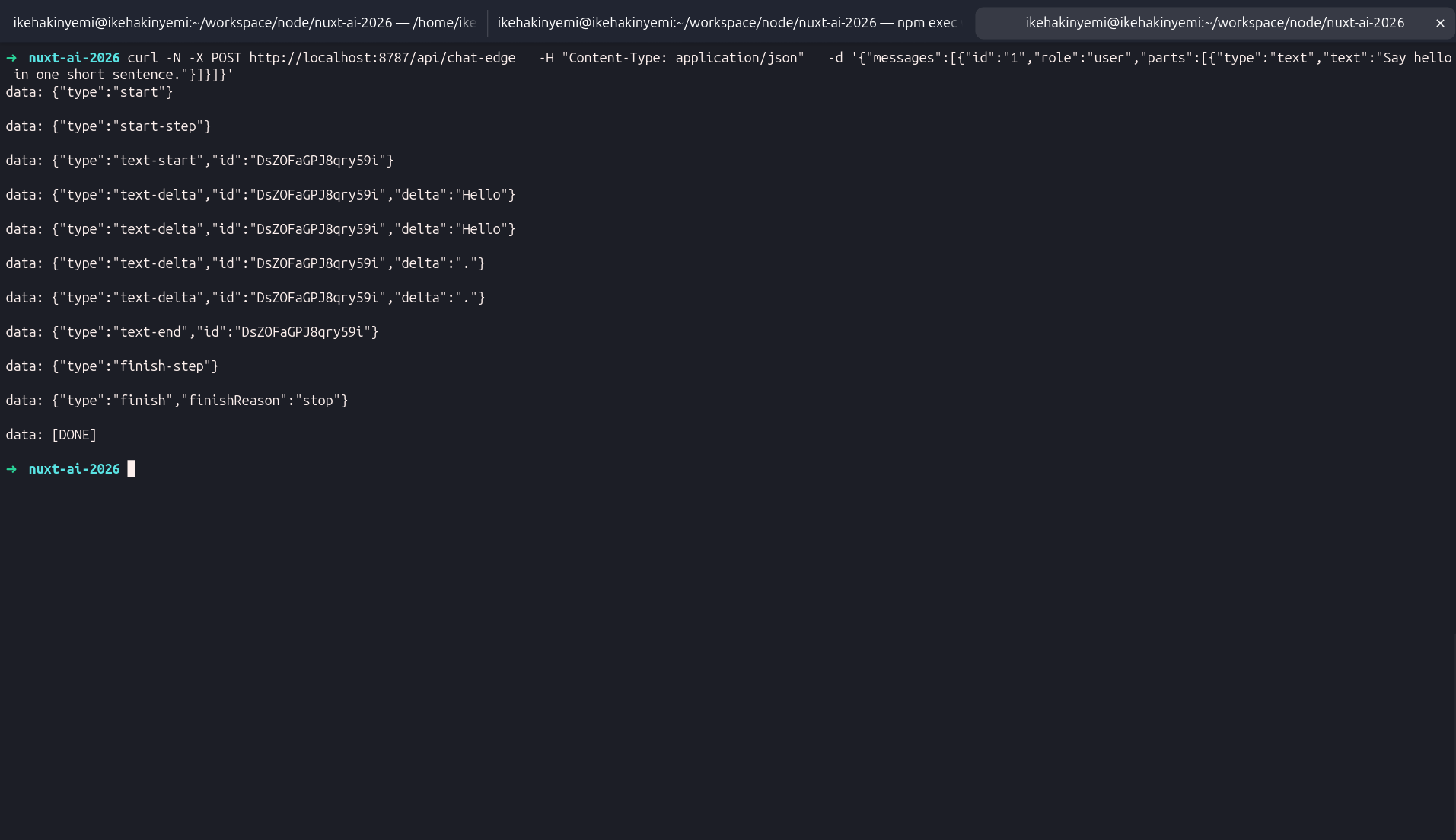 Terminal output confirming the edge route streams the same typed SSE message shape as the Gateway route