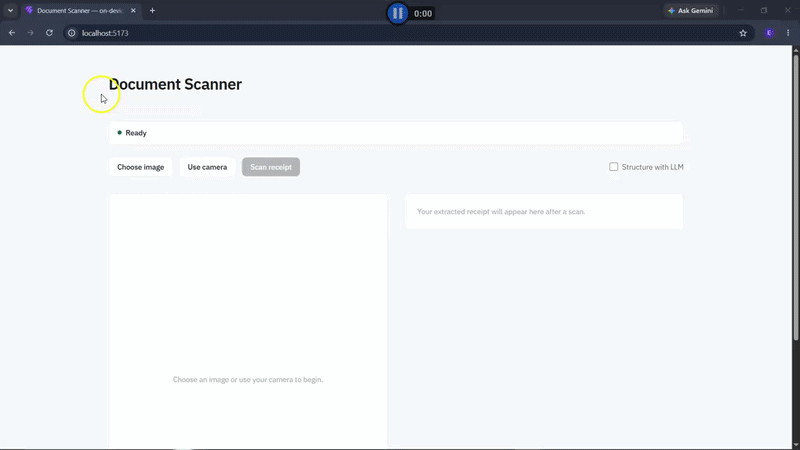 Animated demo of the LiteRT.js OCR receipt scanner running in the browser, showing text detection, recognition, and structured JSON output