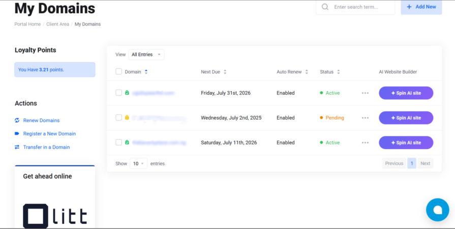 web hosting site showing list of domains