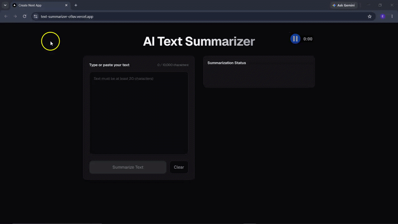 Animated demo of the deployed text summarizer running in production on Vercel