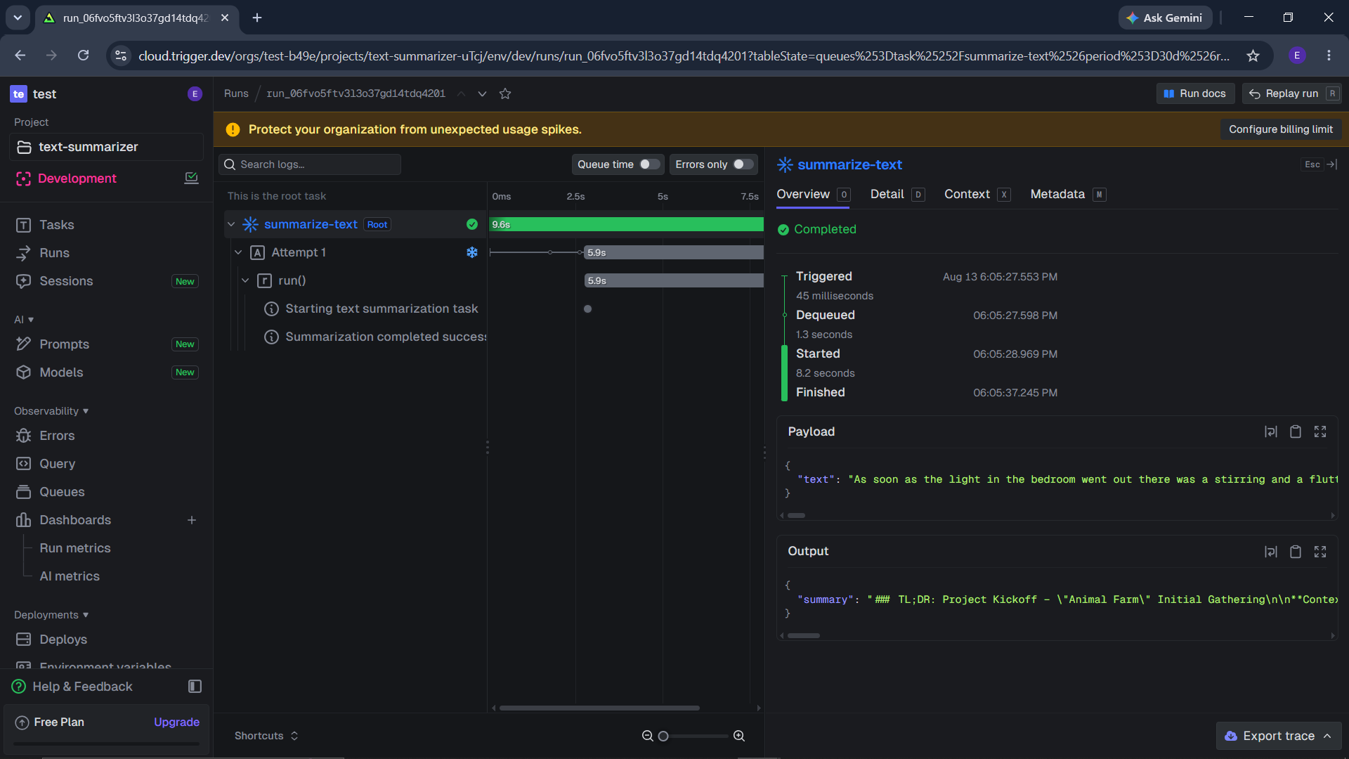 Trigger.dev dashboard showing a completed summarize-text task run with logs and output