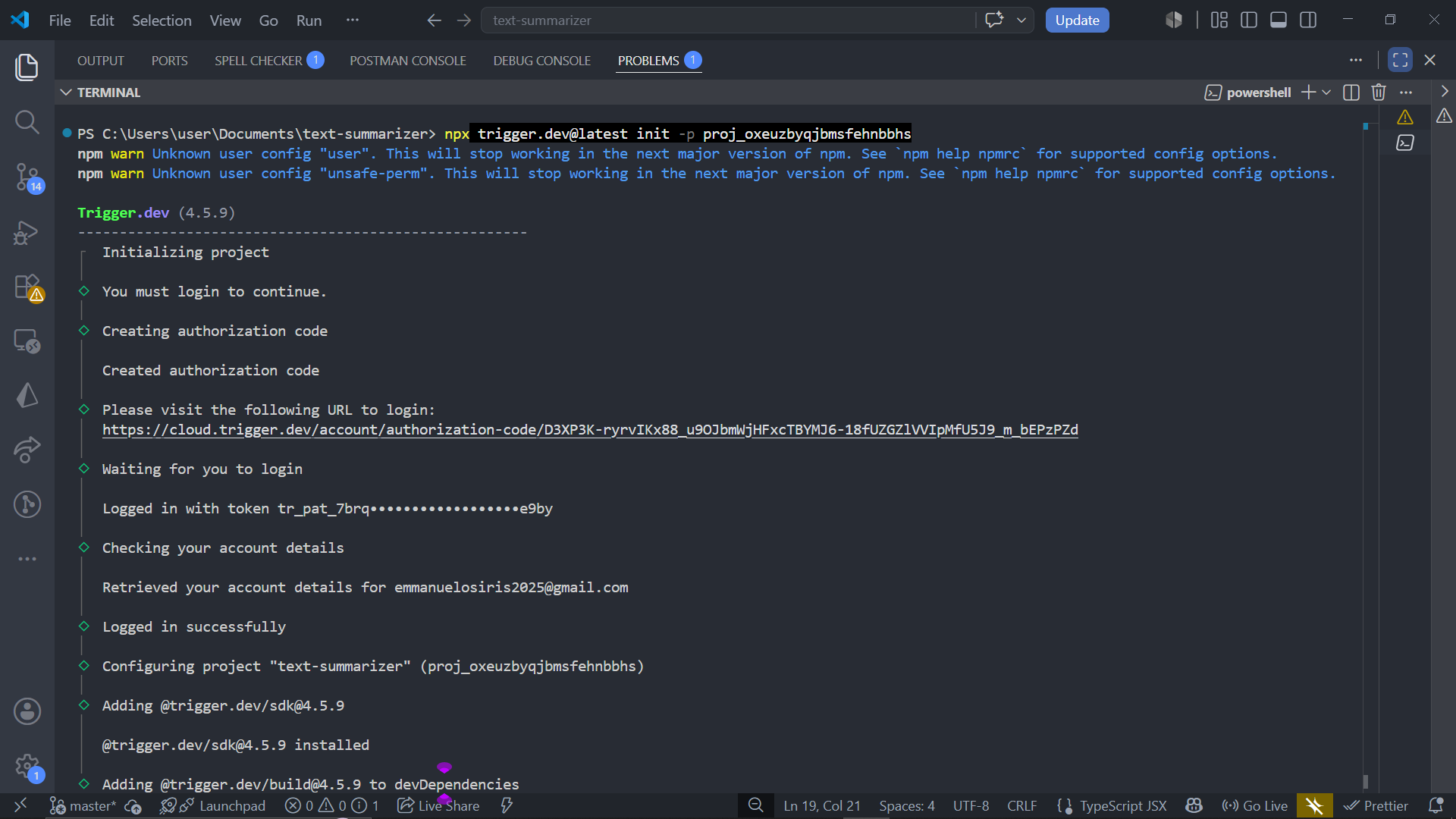 Terminal output after running the Trigger.dev initialization command in a Next.js project