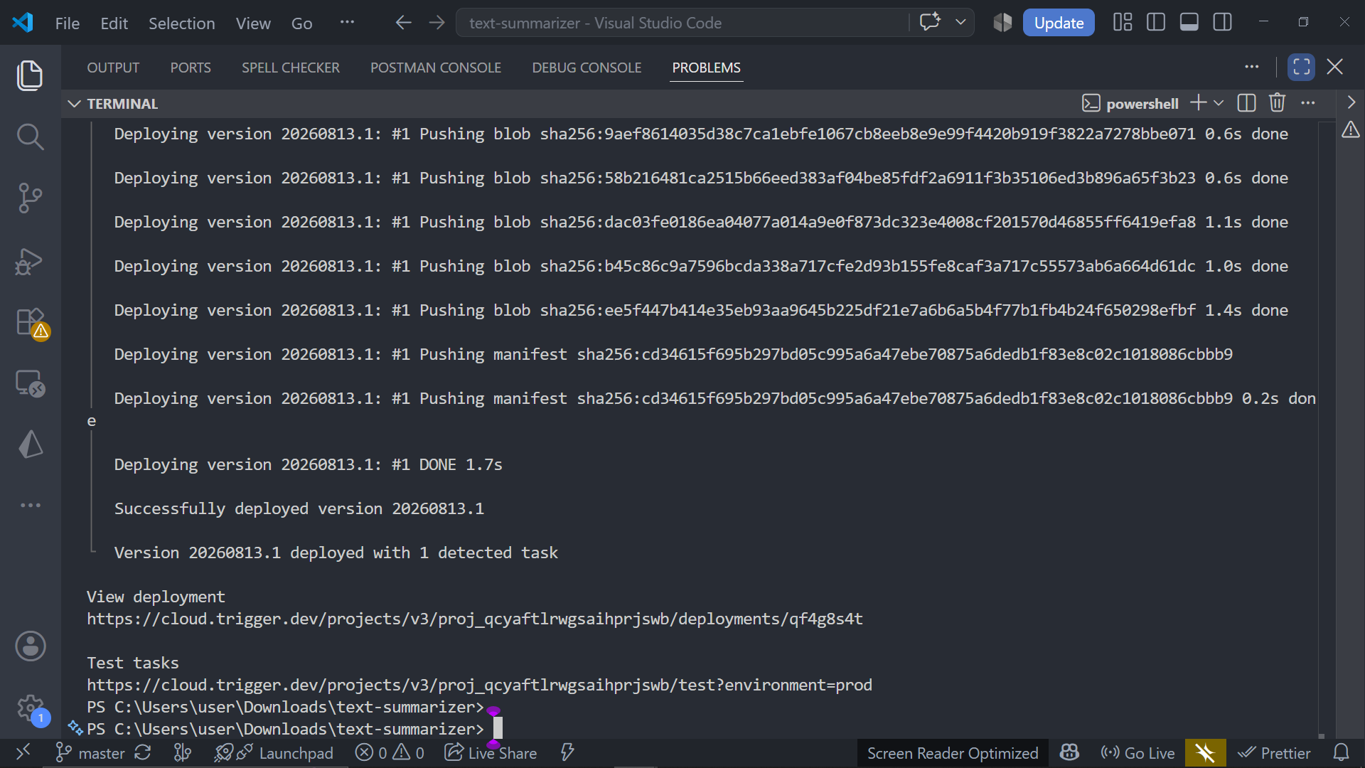Trigger.dev CLI output confirming a successful deployment of the summarize-text background task