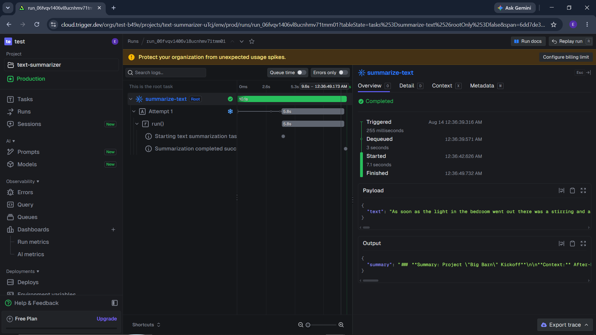 Trigger.dev dashboard displaying production runs from the deployed text summarizer application