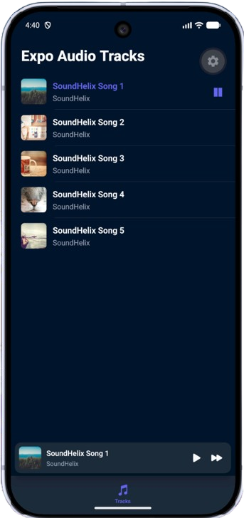 Screenshot of Expo Audio music player UI on a mobile device