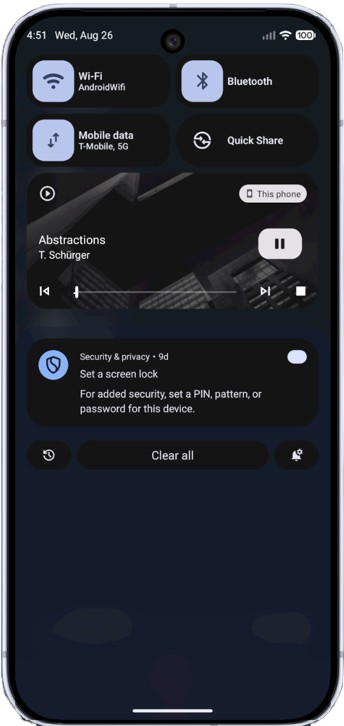 Screenshot of RNTP lock-screen media controls displaying track metadata on a mobile device