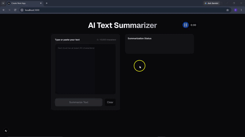 Animated demo of the text summarizer app submitting text and displaying the AI-generated summary