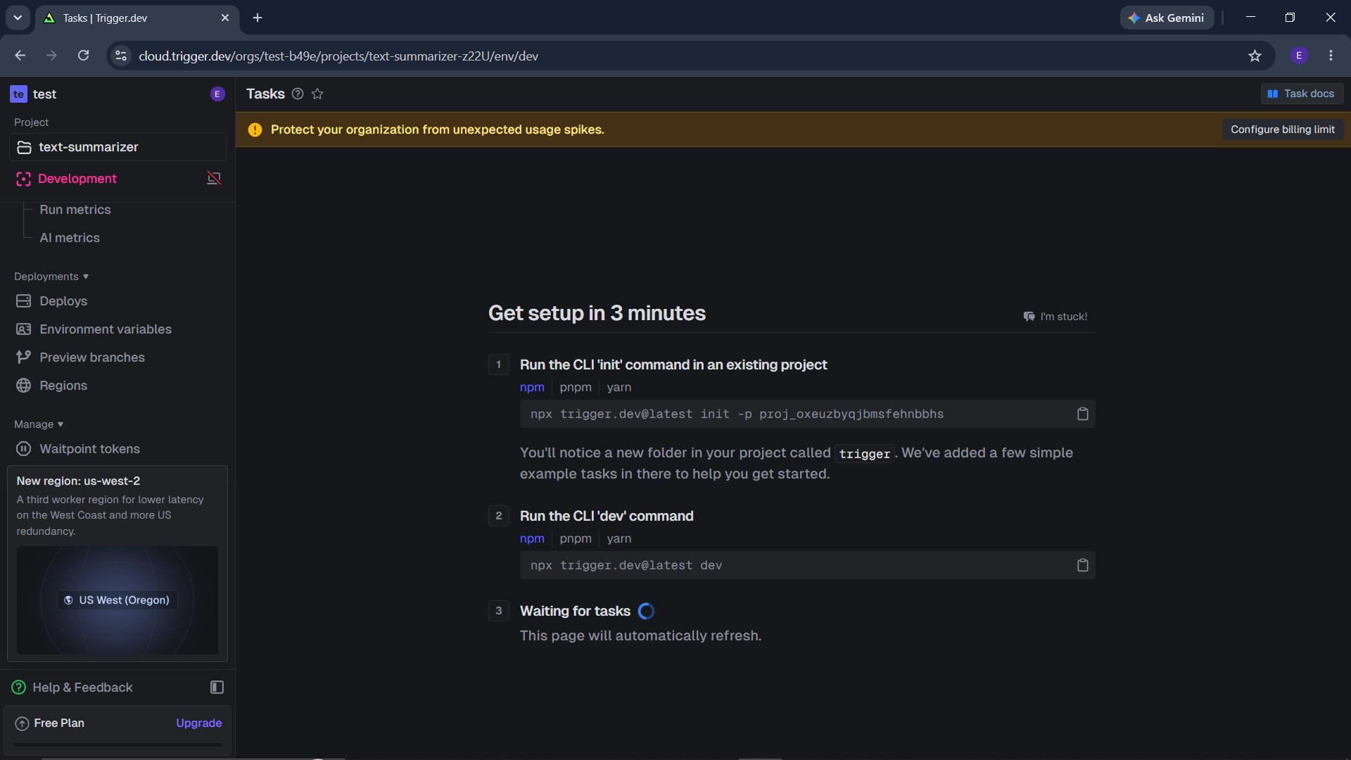 Trigger.dev dashboard showing the initialization command for a new AI Summarizer project