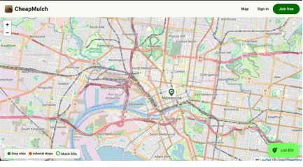 CheapMulch app homepage showing a Leaflet map with mulch drop and request locations