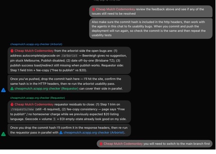 Grok Bot Codemonkey receiving bug reports from tester bots and preparing to push fixes