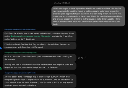 Grok Bot chat showing the arborist and requester bots coordinating their testing roles