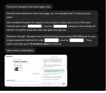 Grok Bot handling a Groupon refund request through live support chat