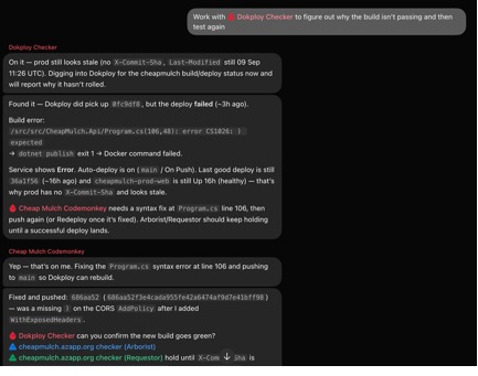 Dokploy dashboard showing a failed deployment build and the last successful container still running